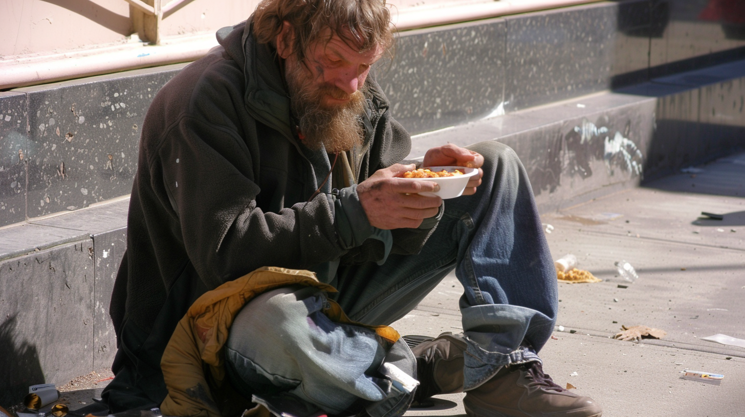 Homeless man eating | Source: Midjourney