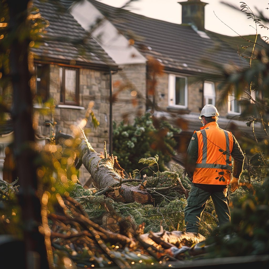 A tree surgeon standing next to a chopped tree | Source: Midjourney