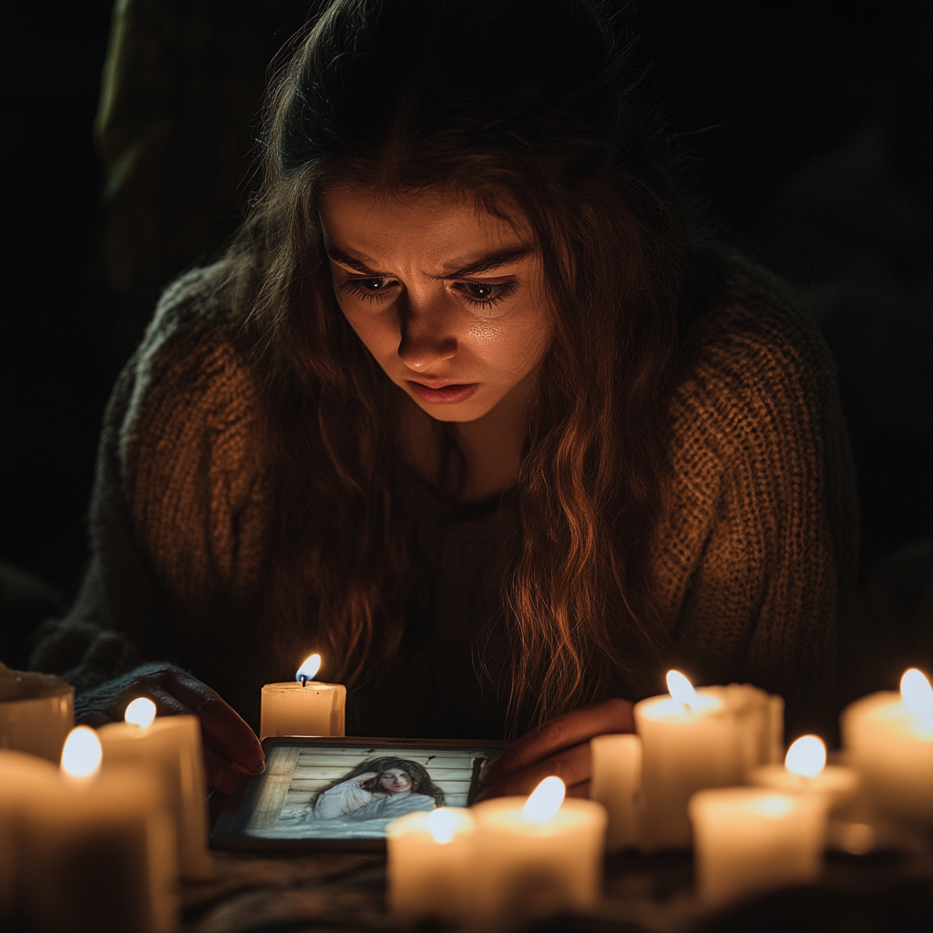 Scare woman staring at her photo | Source: Midjourney