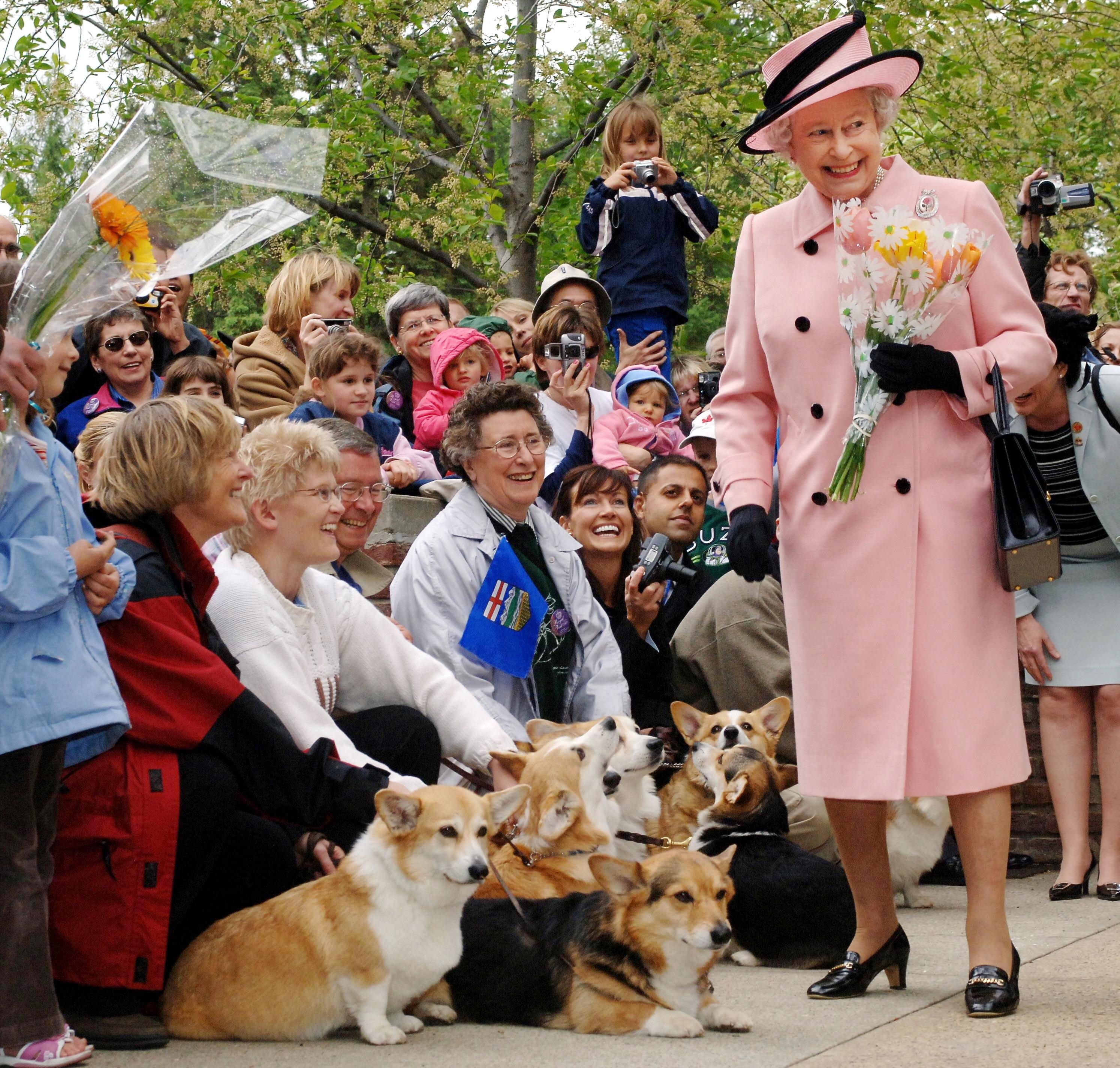 Queen Elizabeth II greeting crowds with her dogs in Canada 2005. | Source: Getty Images