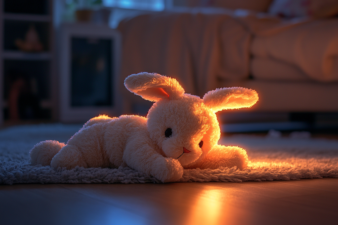 Close-up of a stuffed toy bunny lying on the living room floor | Source: Midjourney