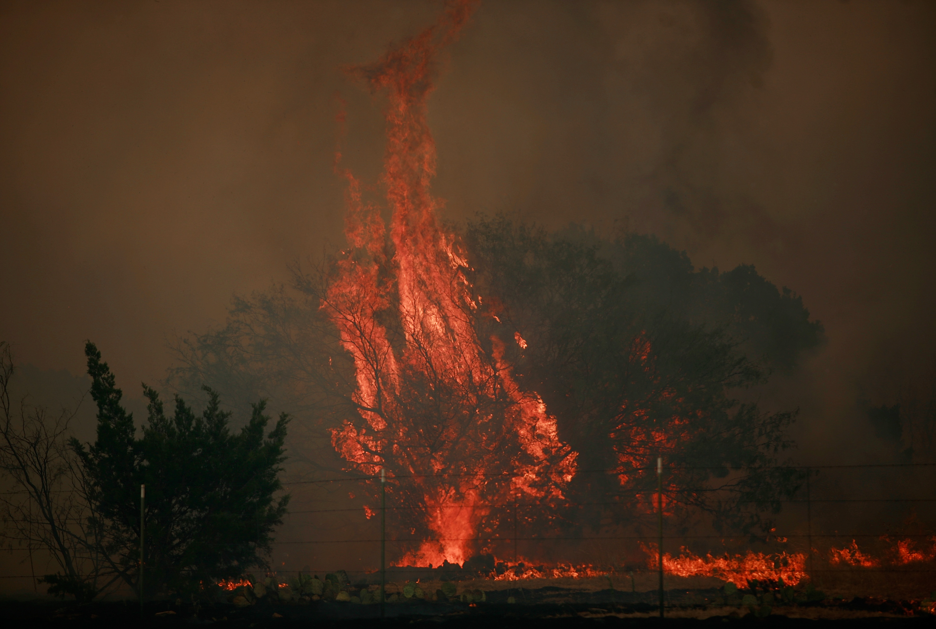 A wildfire jumps a fire line in Graford, Texas, on September 1, 2011 | Source: Getty Images