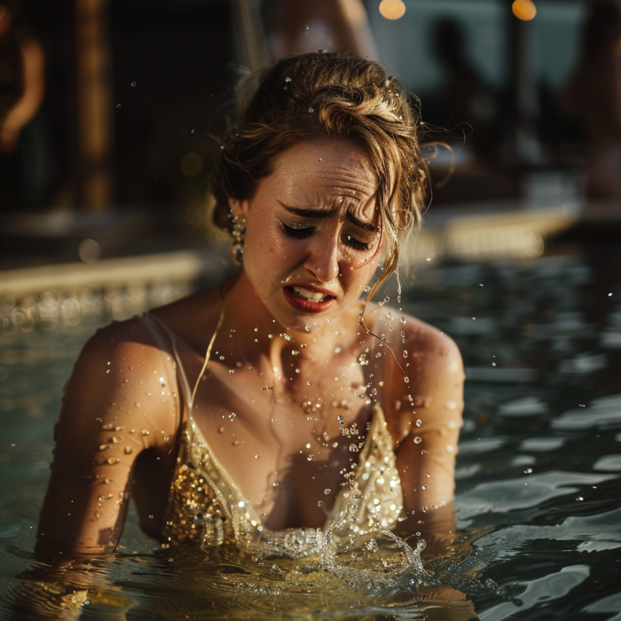 A bridesmaid feels awful after accidentally falling into a swimming pool | Source: Midjourney
