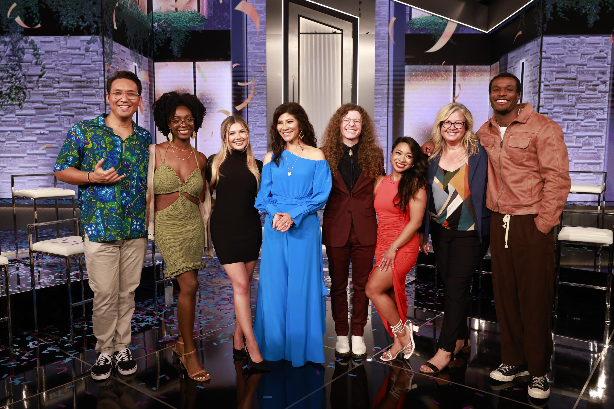 Kimo Apaka, T'Kor Clottey, Leah Peters, Julie Chen Moonves, Quinn Martin, Rubina Bernabe, Angela Murray, and Cam Sullivan-Brown on Season 26 of the CBS Original Series "Big Brother," on July 9, 2024 | Source: Getty Images