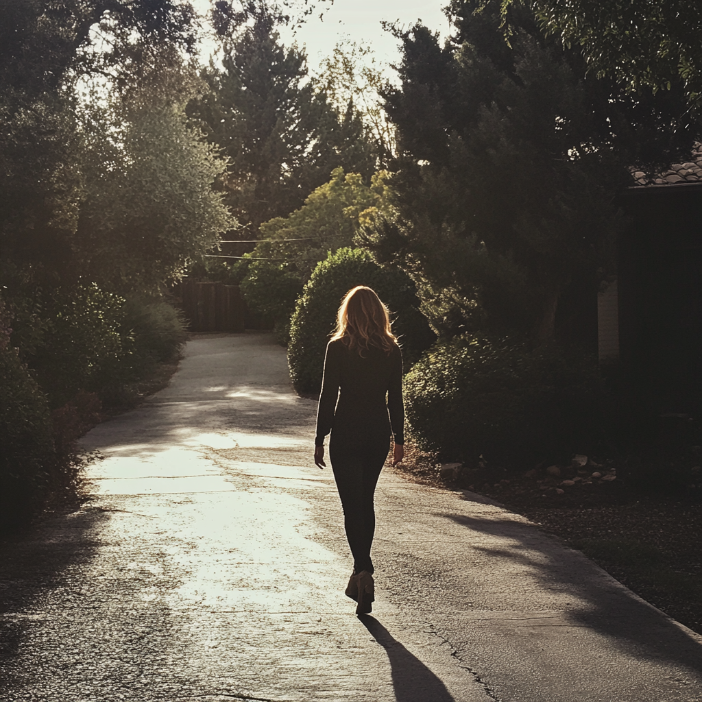 A woman walking down a driveway | Source: Midjourney