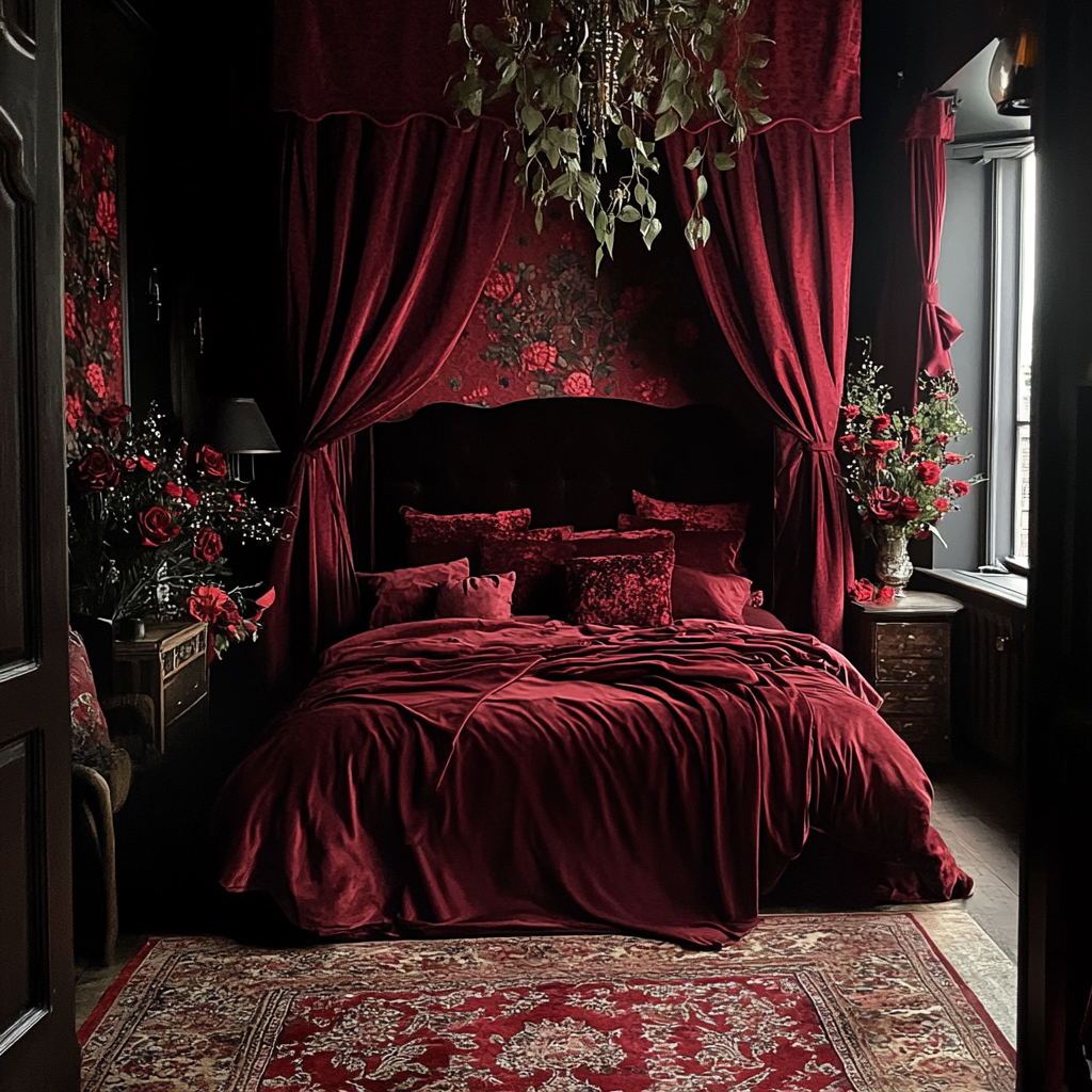 A maroon bedroom | Source: Midjourney