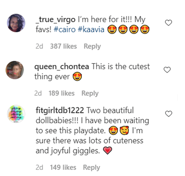 Screenshot of comments on Tia Mowry's Instagram post showing her daughter Cairo playing with Gabrielle Union's daughter Kaavia |  Source: Instagram/tiamowry 