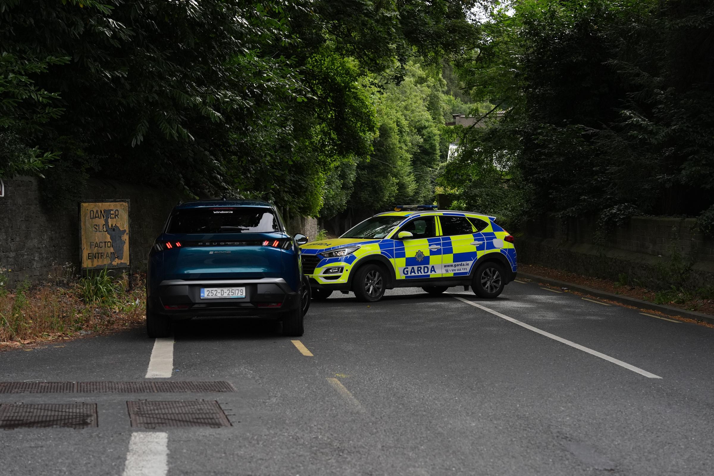 A marked Garda vehicle and a second car are stopped along the narrow Lower Road at Strawberry Beds as investigations begin. The weathered "Danger Slow" sign beside them adds a stark backdrop to the somber scene following Glen Hansard's fatal crash. | Source: Getty Images.