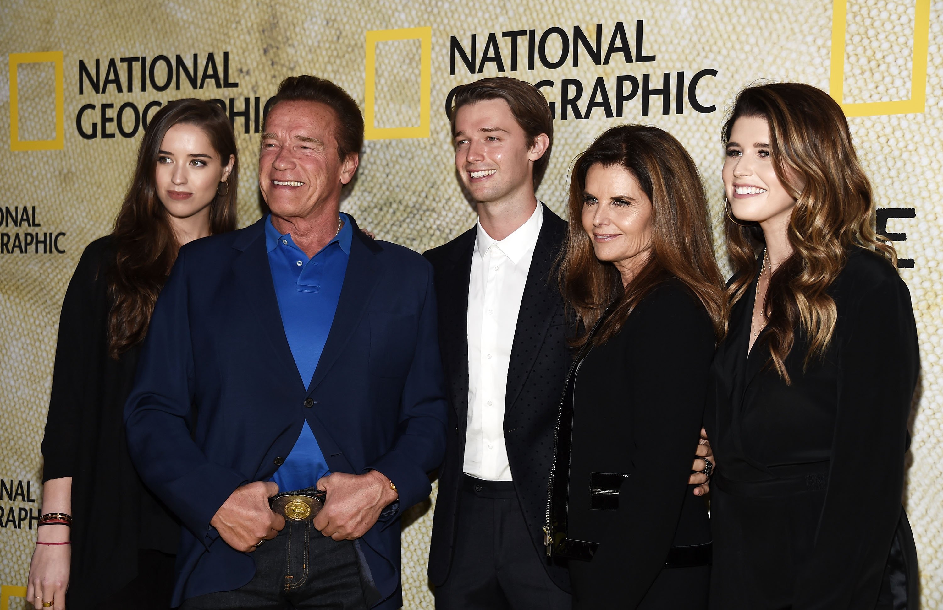 Christina Schwarzenegger, Arnold Schwarzenegger, Patrick Schwarzenegger, Maria Shriver, and Katherine Schwarzenegger arrive at the premiere of National Geographic's 