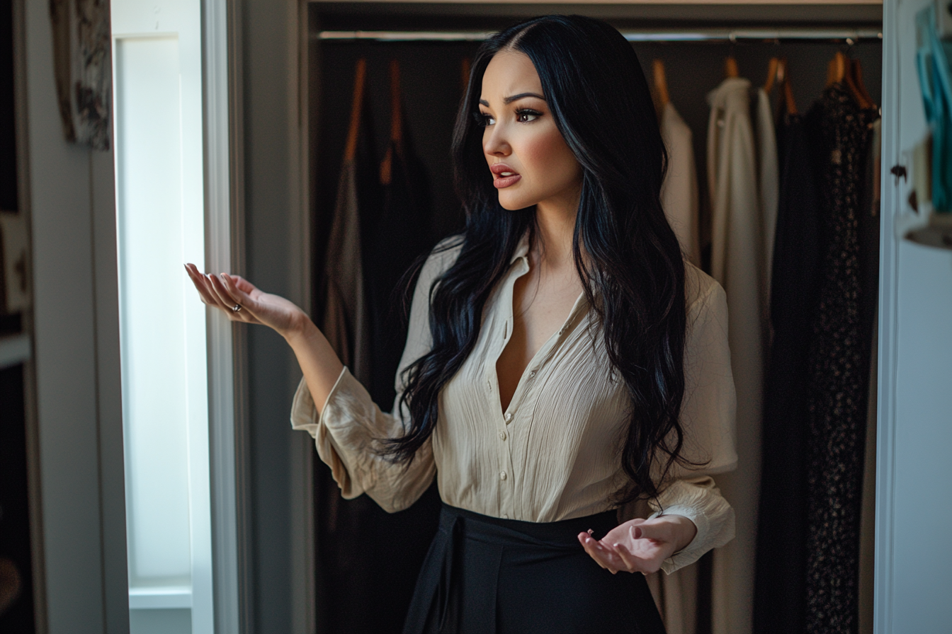 A confused woman standing in front of a closet | Source: Midjourney