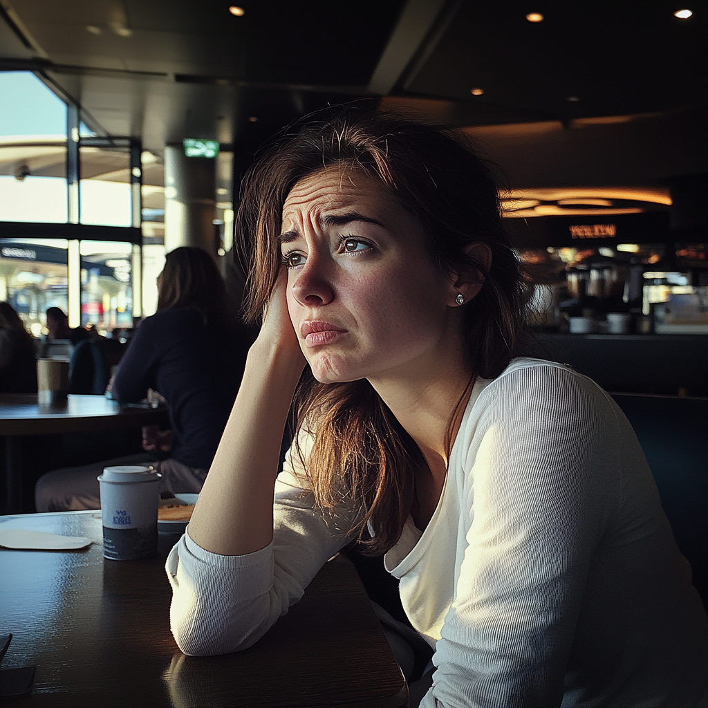 An upset woman sitting at a coffee shop | Source: Midjourney