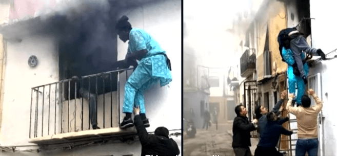 Gorgui al momento de rescatar a un hombre en un incendio. |  Foto: Captura de YouTube/ The France 24 Observers   