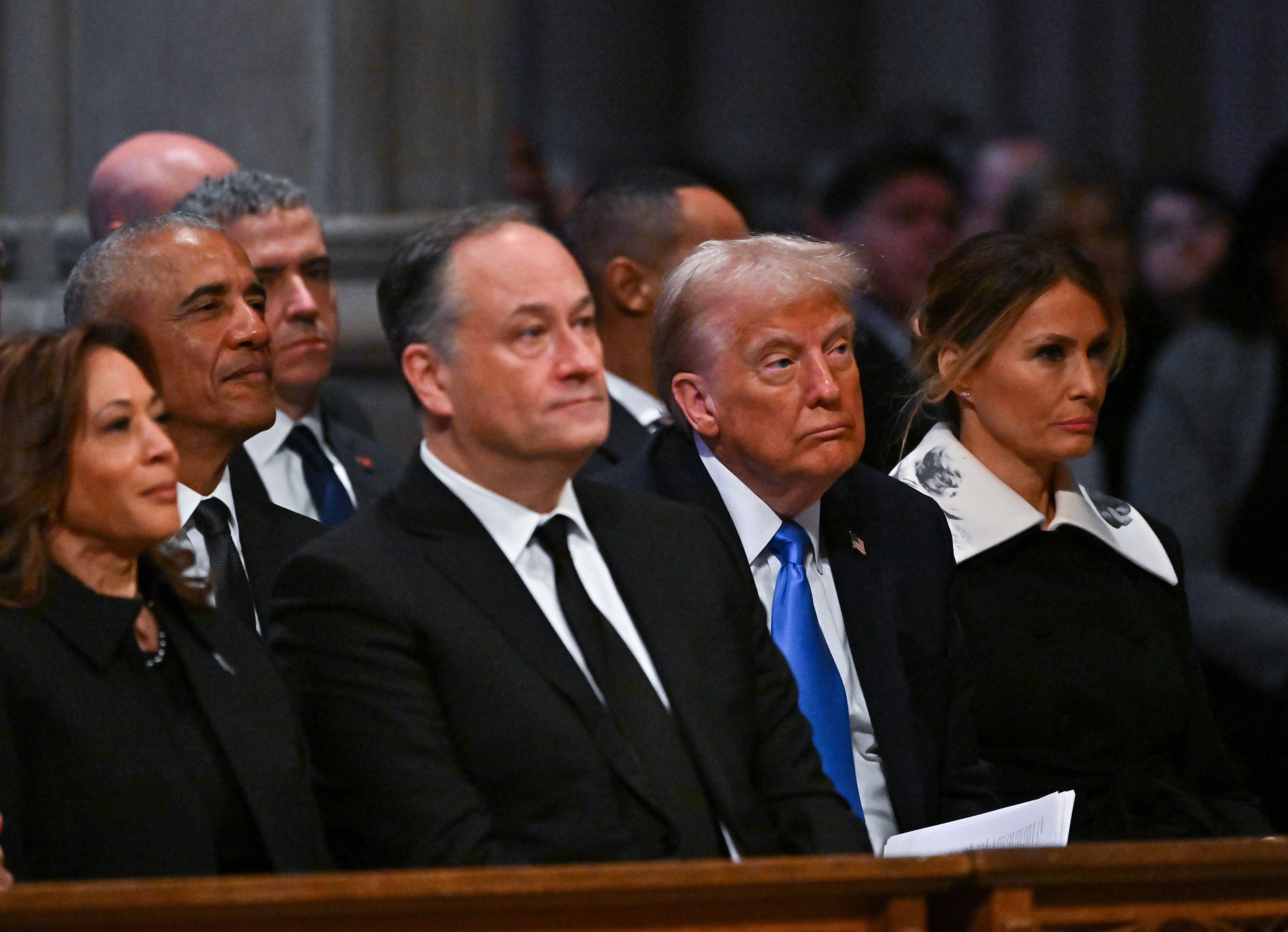 Vice President Kamala Harris, Second Gentleman Doug Emhoff, former President Barak Obama, President-elect Donald Trump, and his wife Melania Trump attend the state funeral services for former President Jimmy Carter on January 9, 2025, in Washington, D.C. | Source: Getty Images