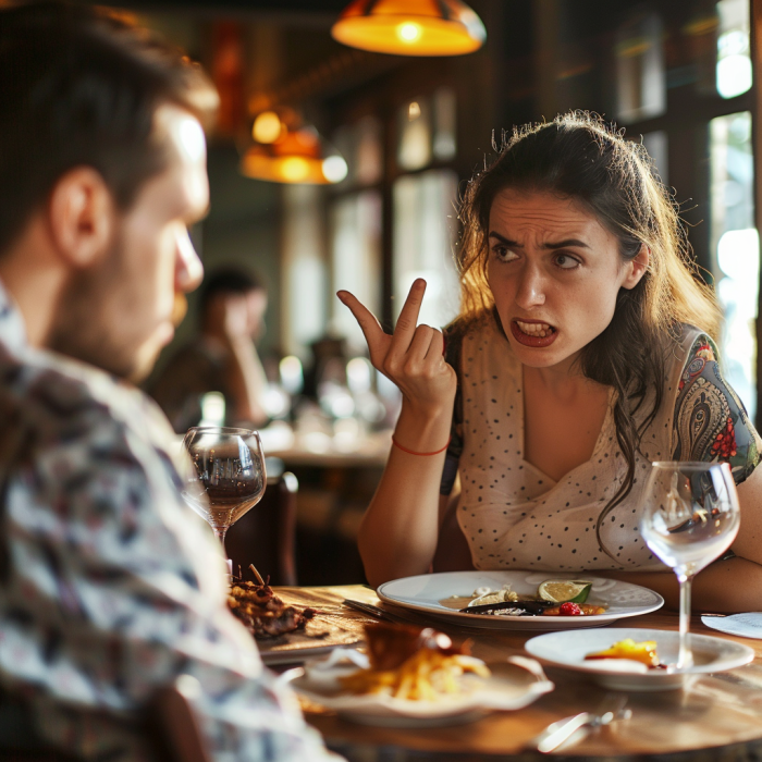 An angry woman lashing out at her husband in a restaurant | Source: Midjourney