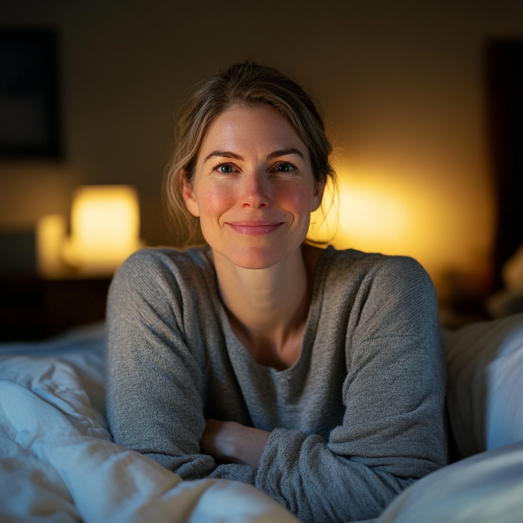 A woman forces a smile while sitting in her bed at night | Source: Midjourney