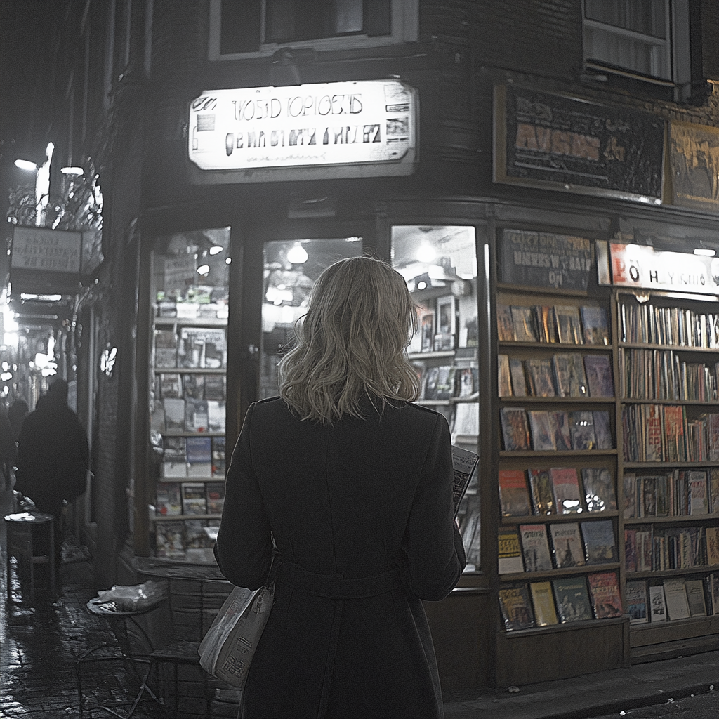 A woman standing in front of a book store | Source: Midjourney