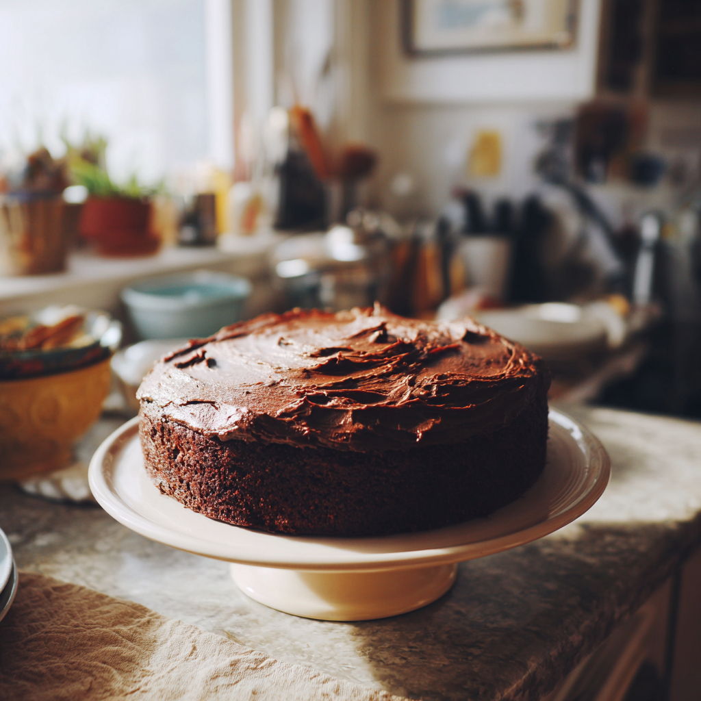 A chocolate cake on a kitchen counter | Source: Midjourney