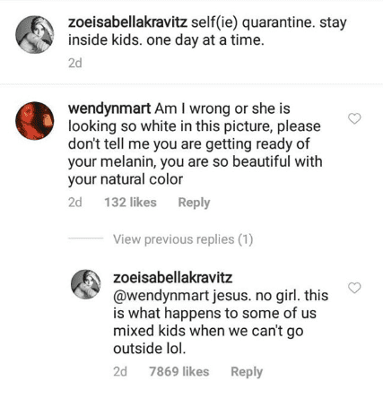 A screen shot from Zoe Kravitz's Instagram post where she responds to a fan's inquiry about her complexion. | Photo: Instagram/zoeisabellakravitz