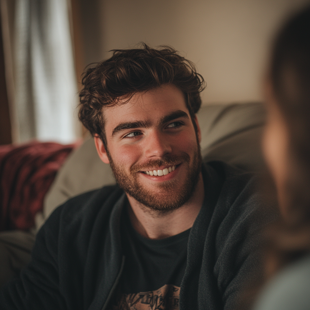 A man smiling while looking at someone | Source: Midjourney