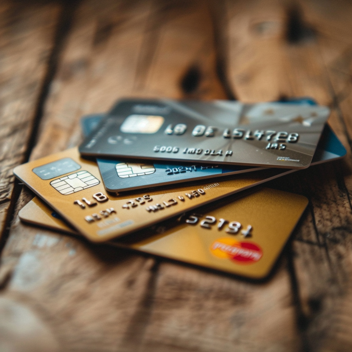 Credit cards lying on a wooden surface | Source: Midjourney