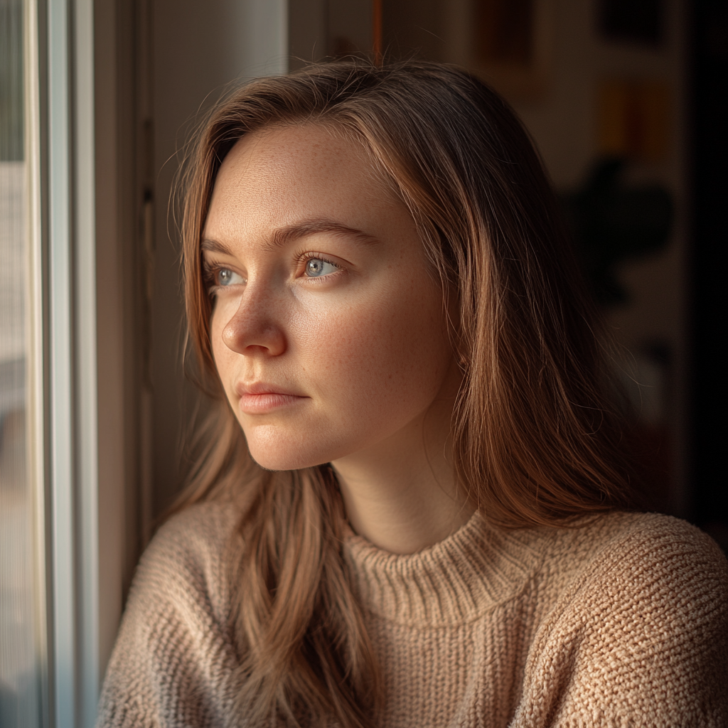 A thoughtful woman looking out the window | Source: Midjourney