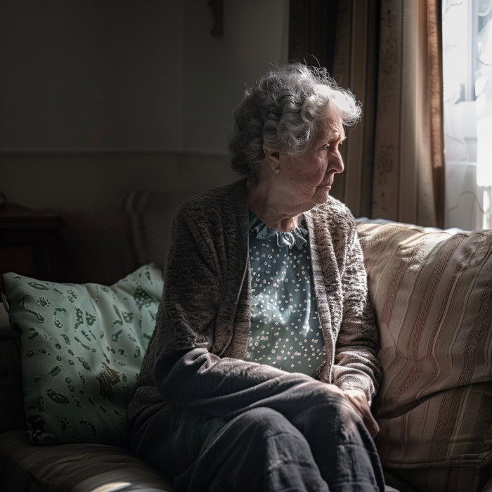 An upset grandma sitting on a sofa | Source: Midjourney