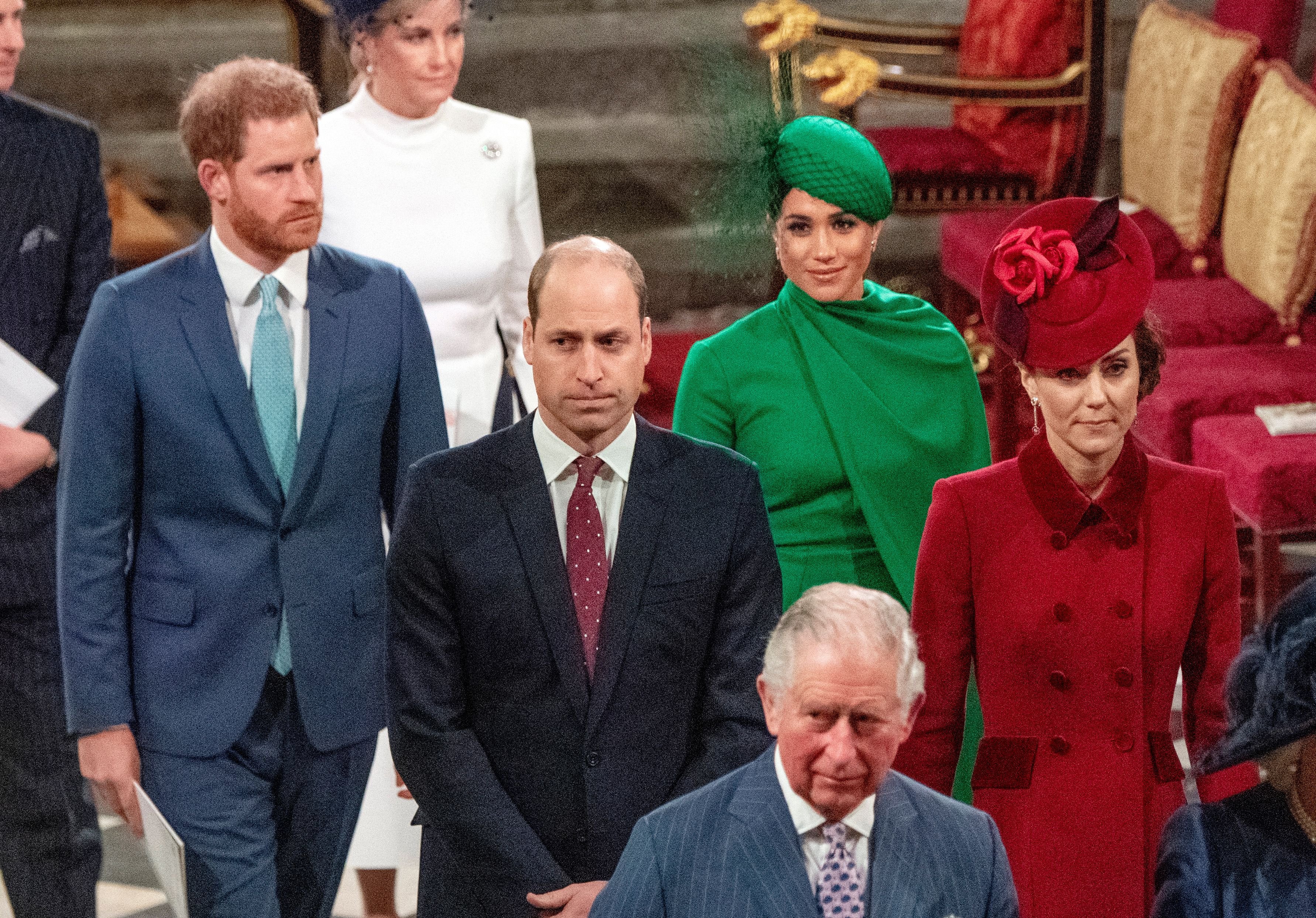Britain's Prince Harry, Duke of Sussex (L) and Britain's Meghan, Duchess of Sussex (2nd R) follow Britain's Prince William, Duke of Cambridge (C) and Britain's Catherine, Duchess of Cambridge (R) as they depart Westminster Abbey after attending the annual Commonwealth Service in London on March 9, 2020.  | Source: Getty Images