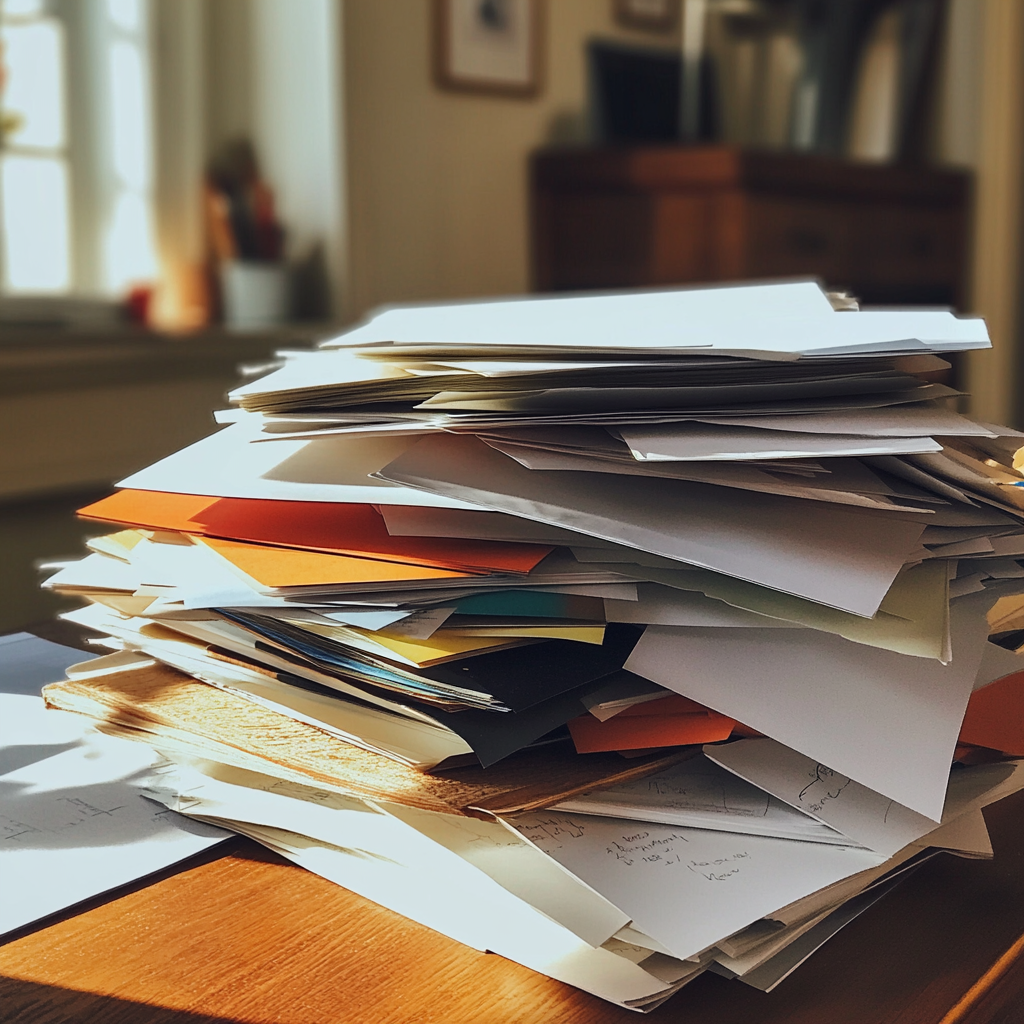 A stack of paper on a desk | Source: Midjourney