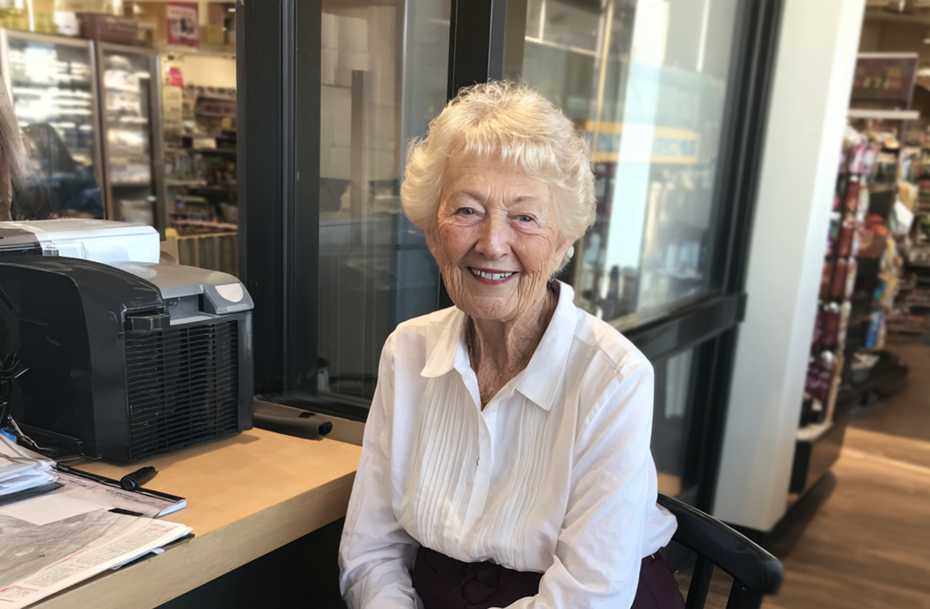 A smiling old woman wearing a white shirt | Source: Midjourney