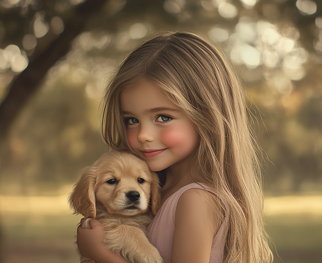 A little girl holding a puppy | Source: Midjourney