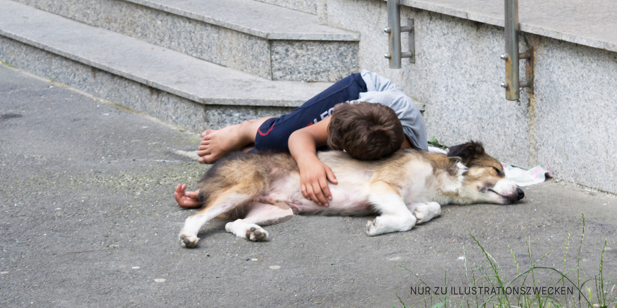 Junge liegt auf Hund in Straße | Quelle: Shutterstock