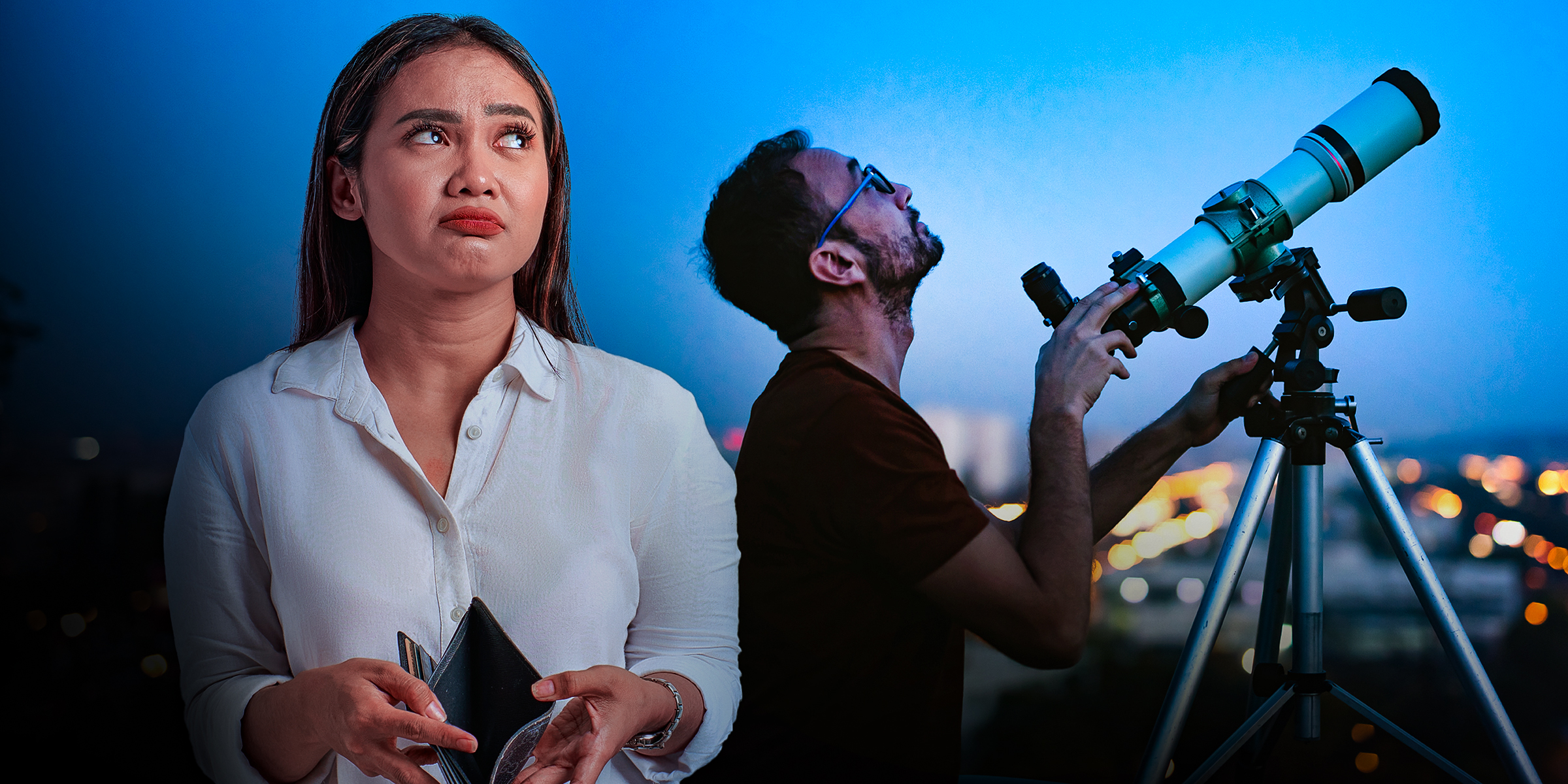An unhappy woman pictured with a man in the background using a telescope | Source: Shutterstock