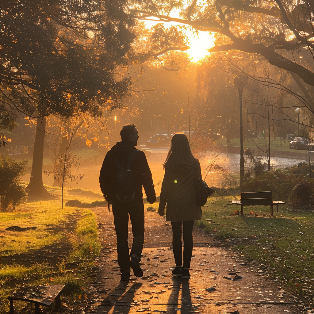 Father and his teen daughter walking in the park | Source: Midjourney