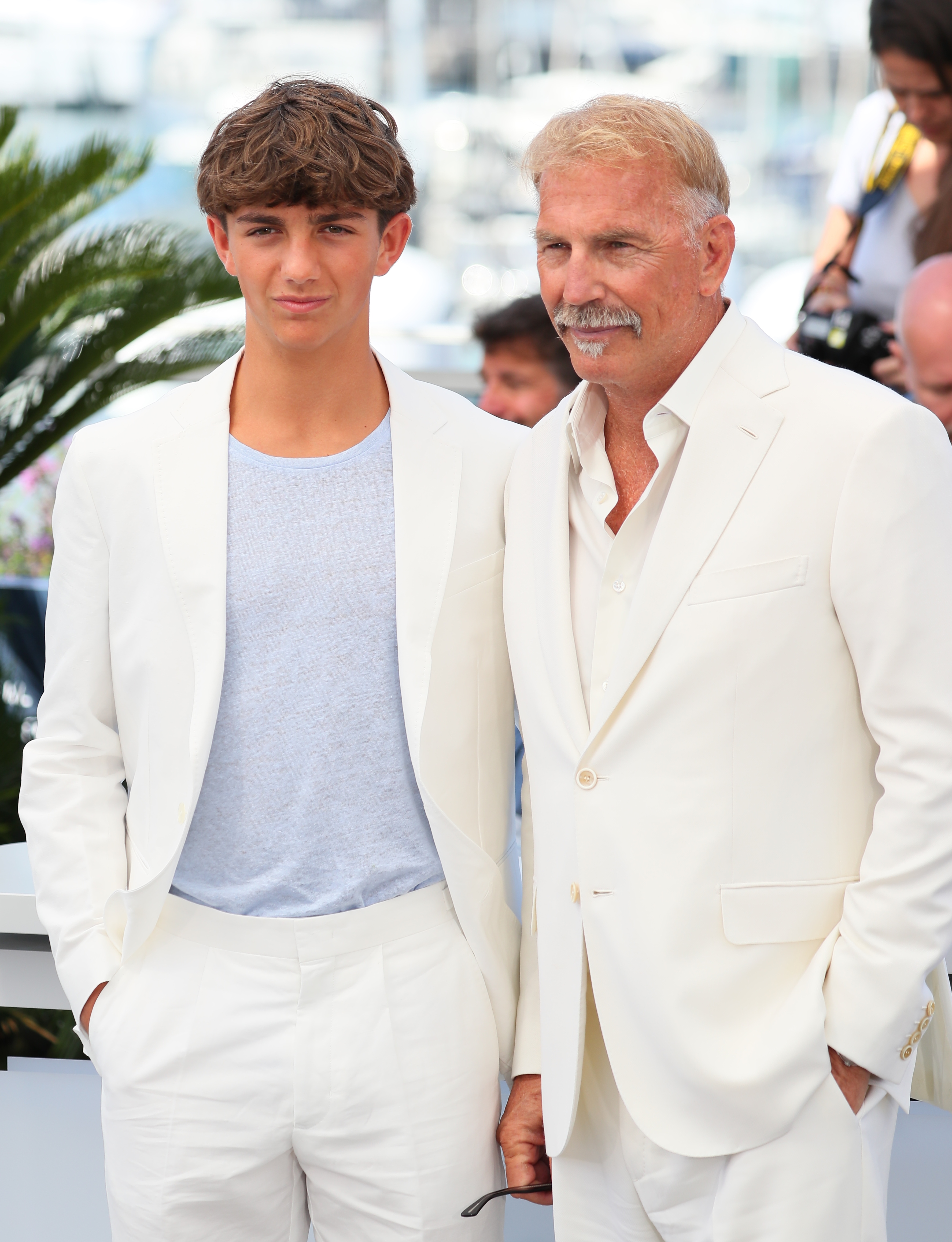 Kevin Costner and his son Hayes Costner attend the "Horizon: An American Saga" photocall at the 77th Cannes Film Festival on May 19, 2024 | Source: Getty Images