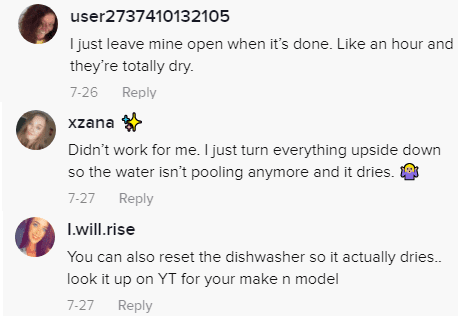 TikTok users suggesting ways to dry the dishes after they've been cleaned by the dishwasher | Photo: Tiktok.com/brunchwithbabs