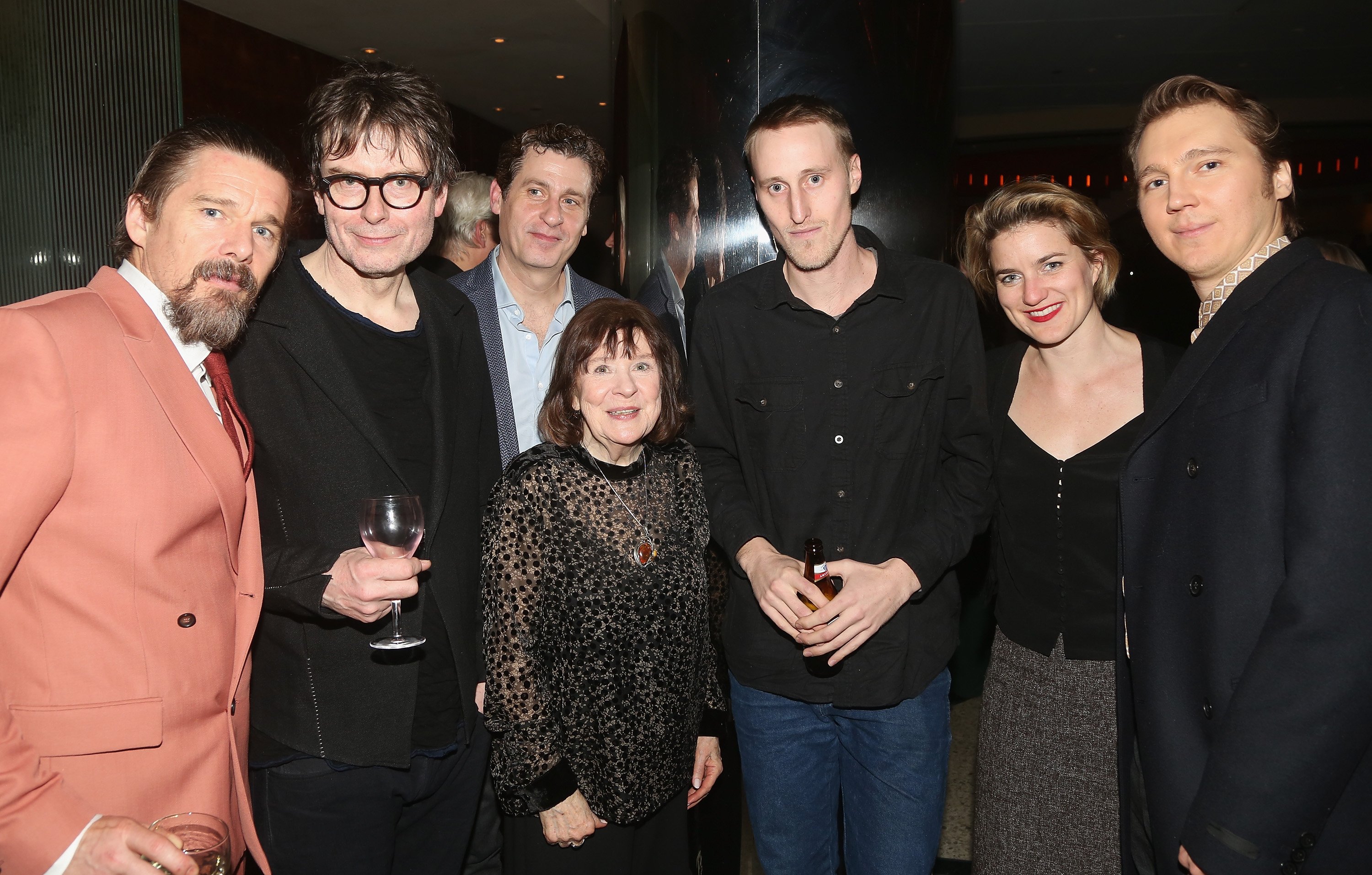 Ethan Hawke, Director James Macdonald, Gary Wilmes, Marylouise Burke, Samuel Walker Shepard, Hannah Jane Shepard and Paul Dano pose at the opening night after party for the Roundabout Theatre Company's production of Sam Shepard's "True West" on Broadway at Brasserie 8 1/2 on January 24, 2019 in New York City. | Source: Getty Images