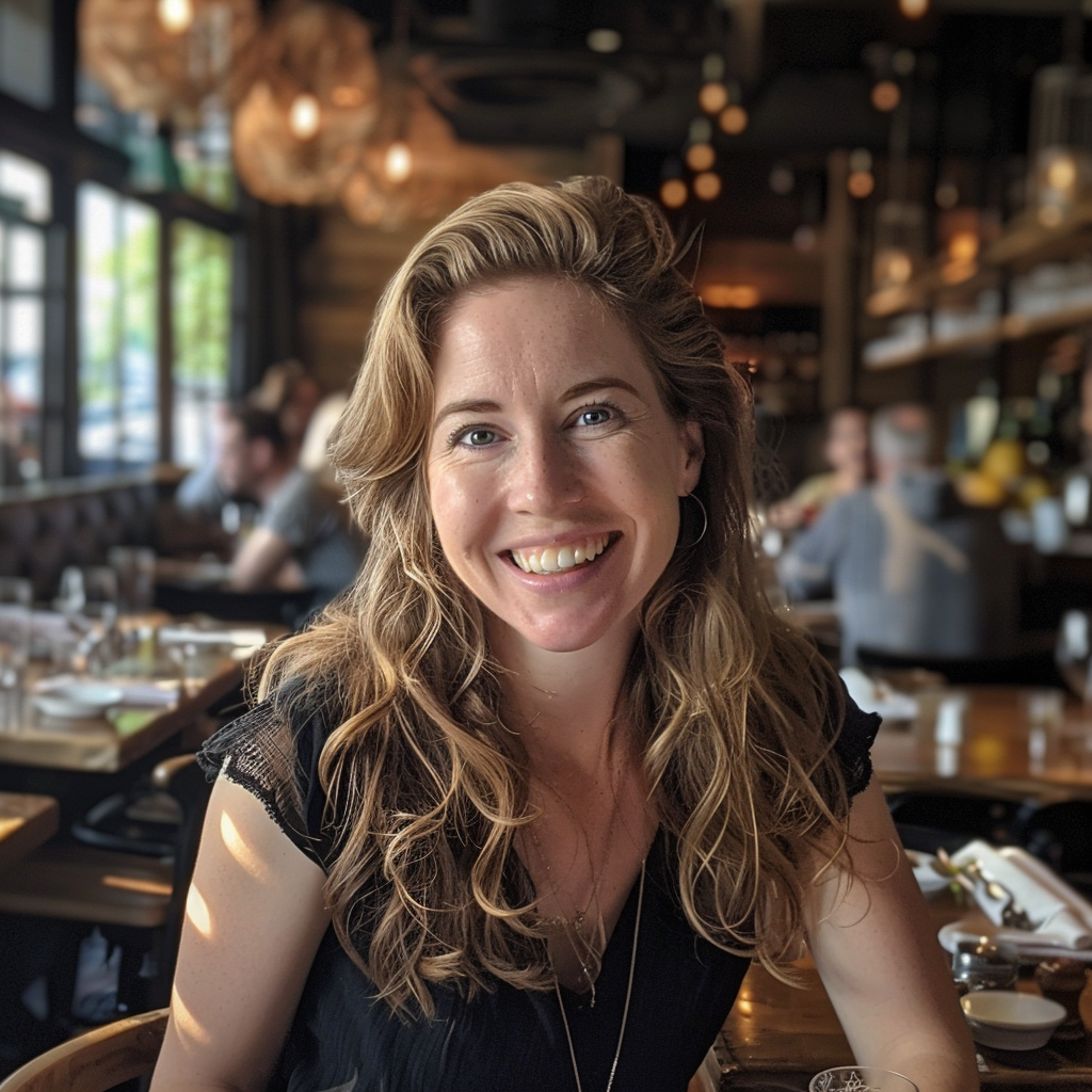 A smiling woman at a restaurant | Source: Midjourney