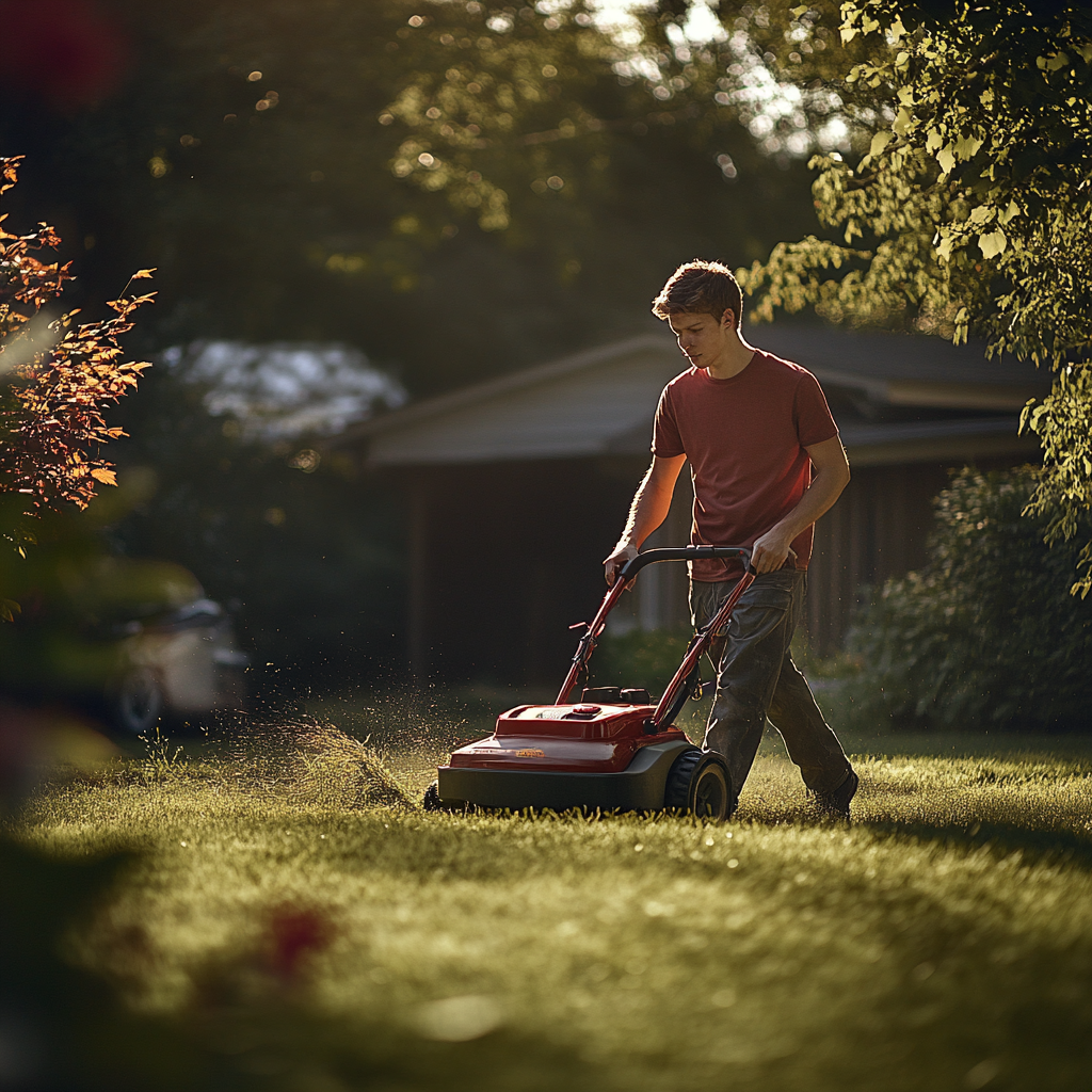 Tom mowing the lawn | Source: Midjourney