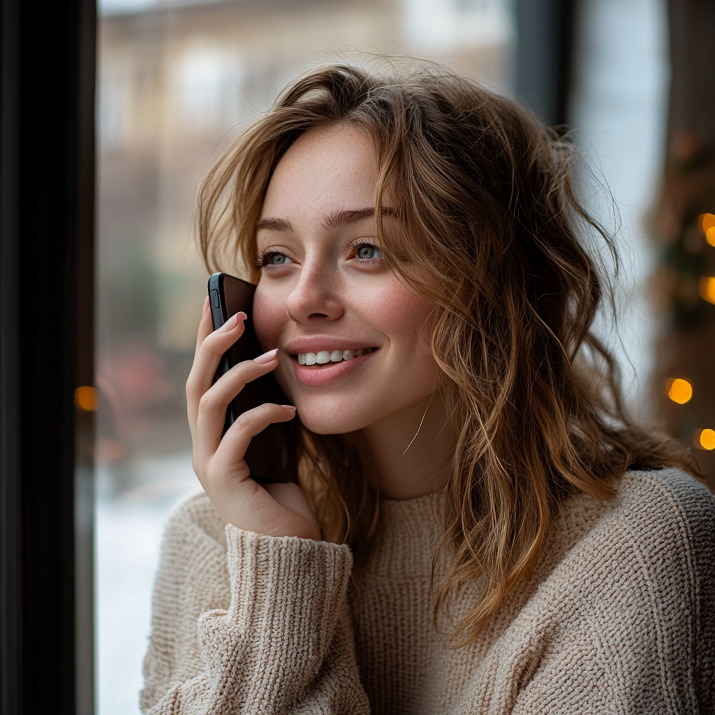 A woman smiles while talking on her phone | Source: Midjourney