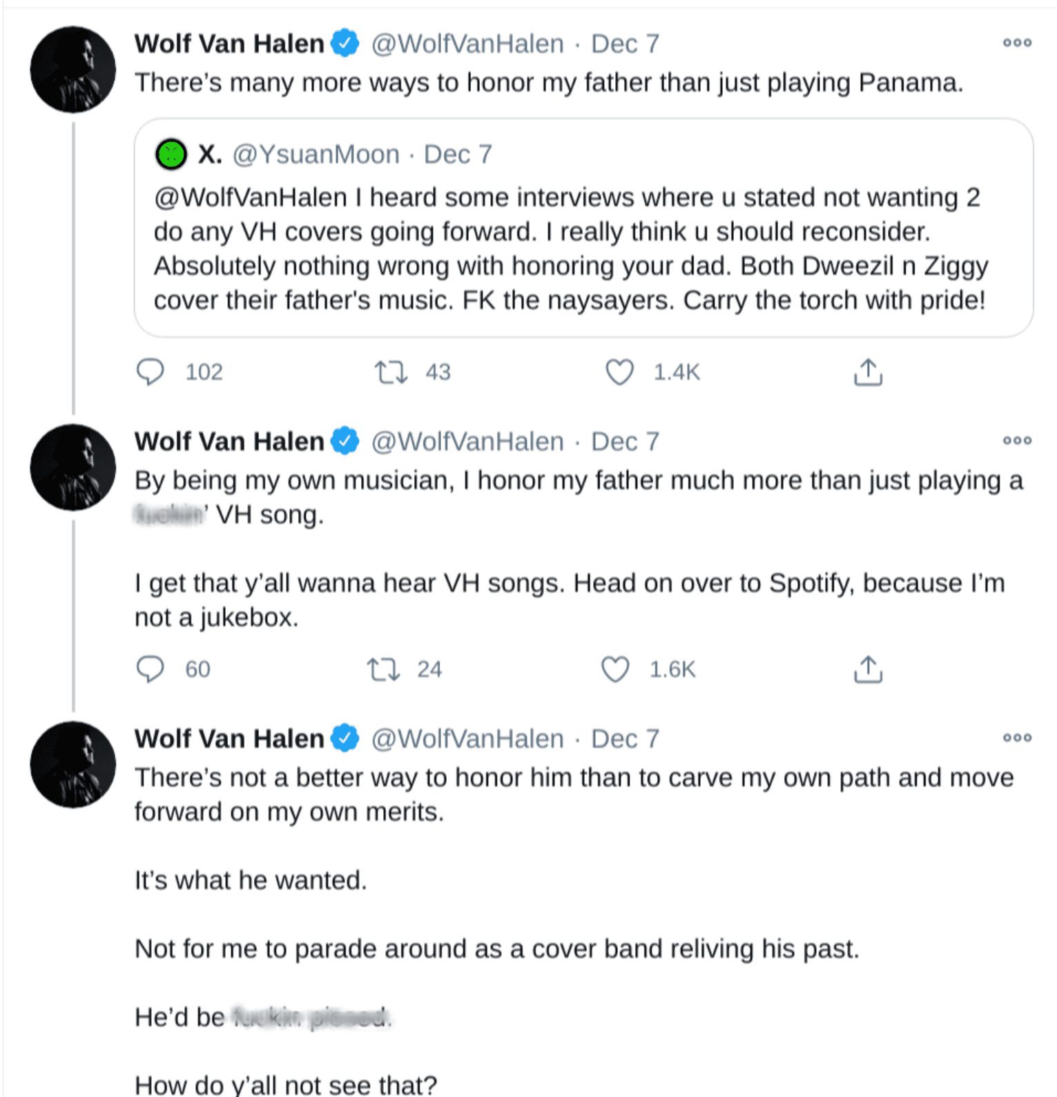 A screenshot of Wolfgang Van Halen's response to a fan's comment on his tweet | Photo: twitter.com/WolfVanHalen/