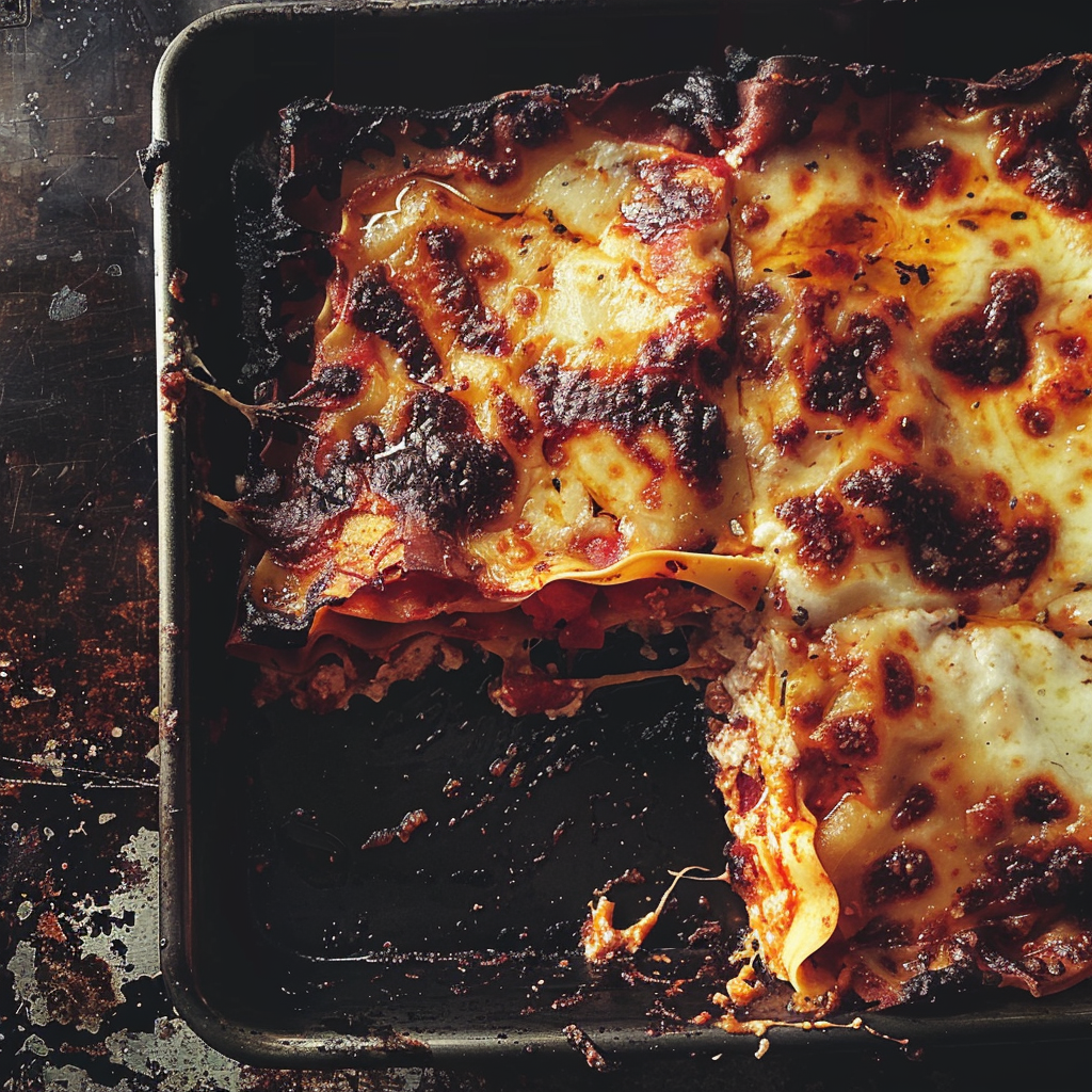 A tray of burnt lasagna | Source: Midjourney