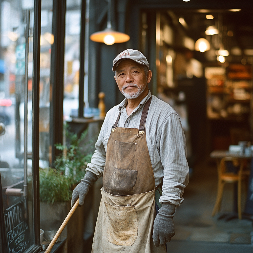 Mike sweeping at the café's entrance | Source: Midjourney