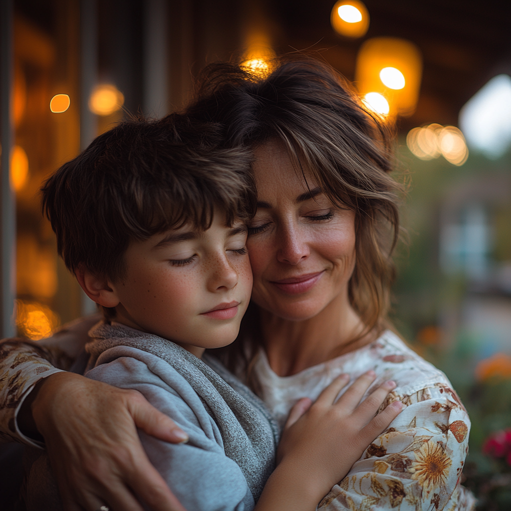 Connie hugging Ethan on the porch | Source: Midjourney