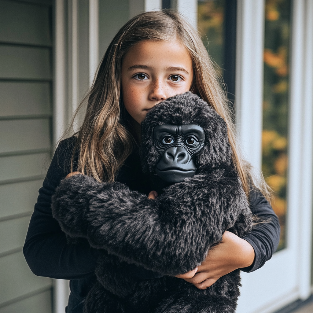 Young girl holding a gorilla Halloween costume | Source: Midjourney