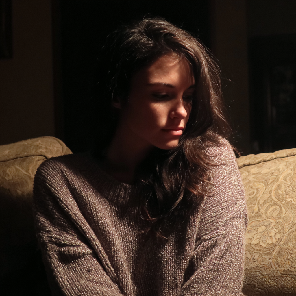 A pensive woman sitting on a couch | Source: Midjourney