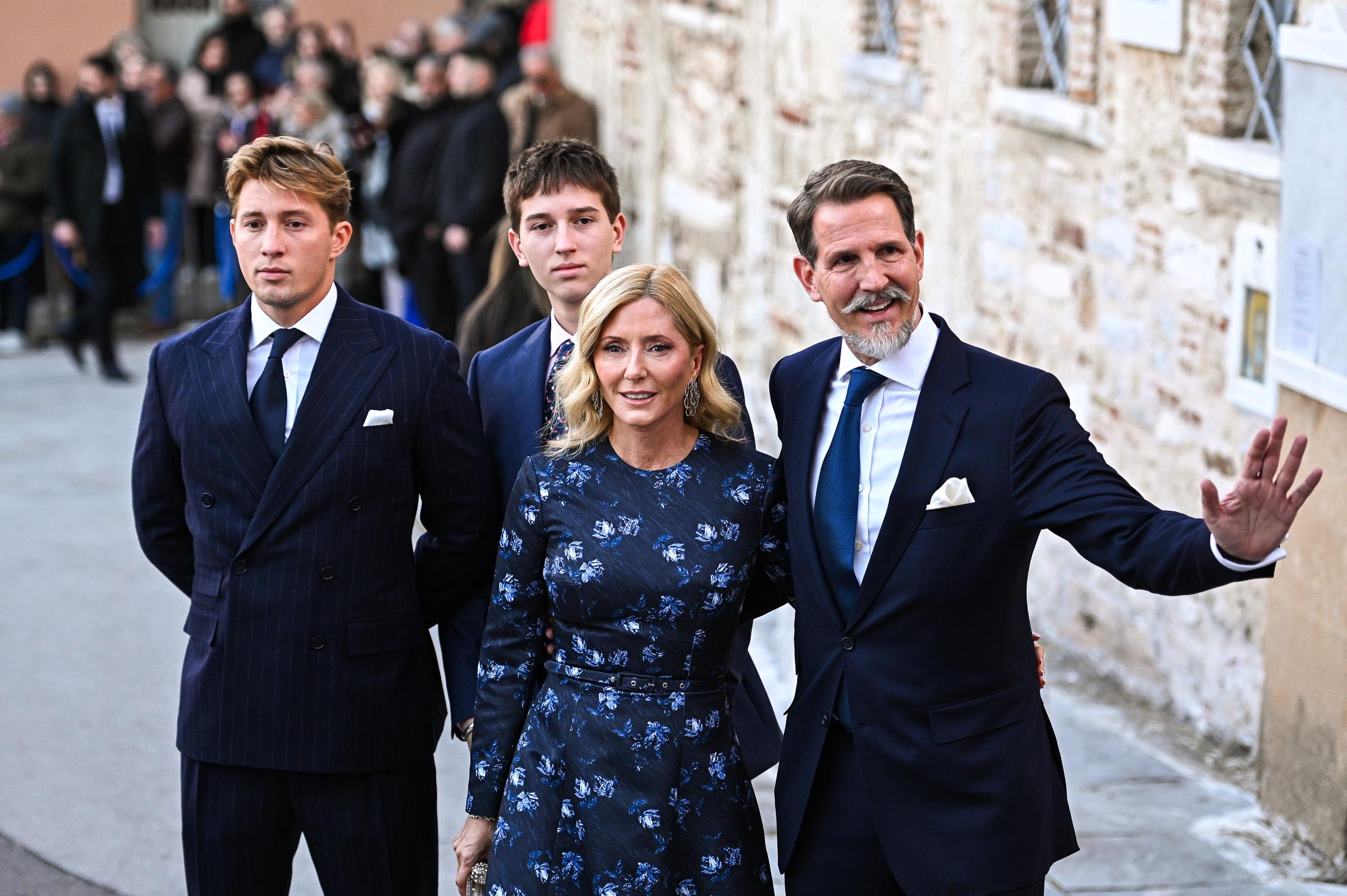 In another moment outside the Church of St. Nicholas of Rangava, the royal family greeted guests ahead of the wedding ceremony. They appeared coordinated in formal navy ensembles, marking their presence at one of the most talked-about society weddings of the season.