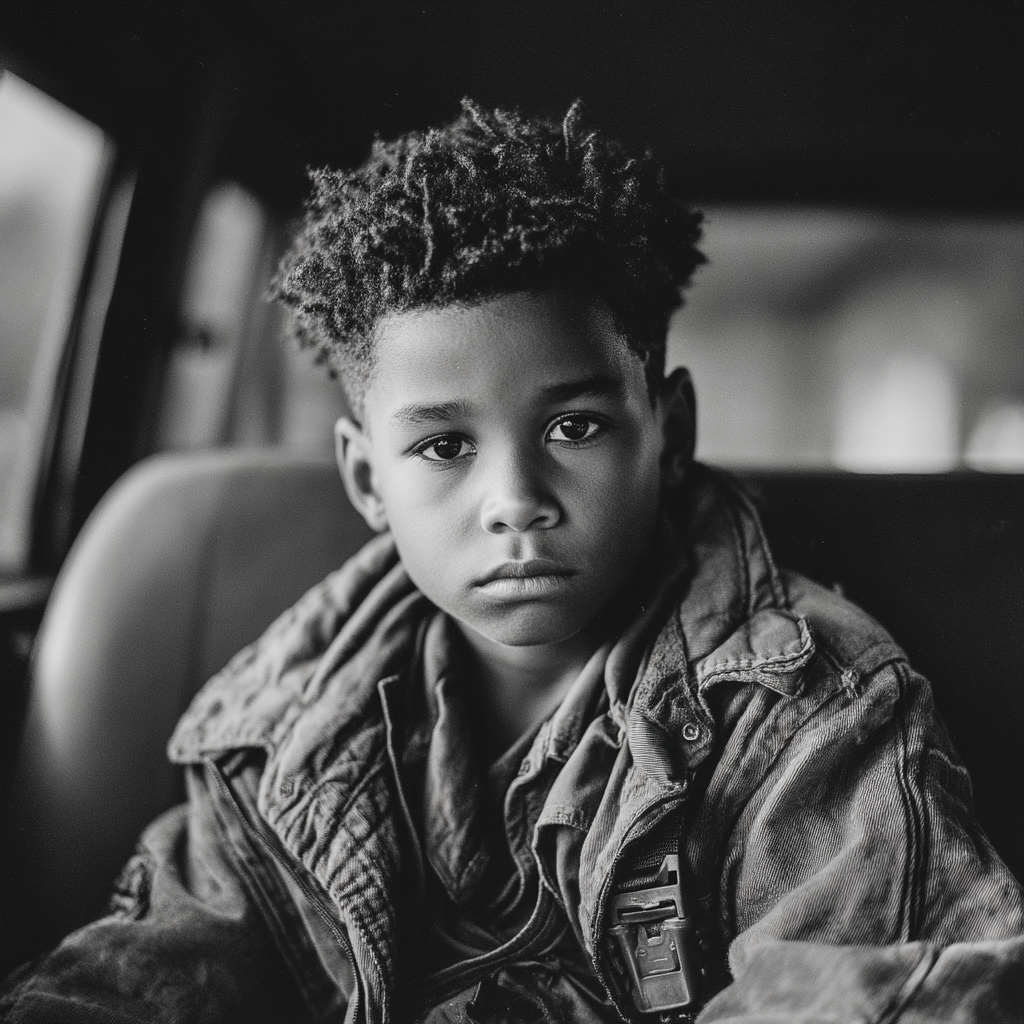 A serious child in the backseat of a car | Source: Midjourney