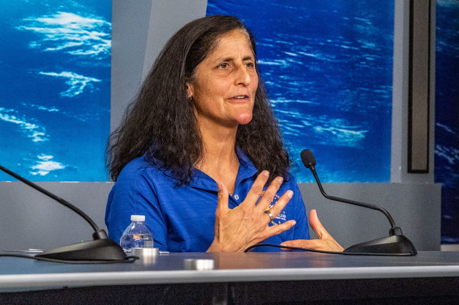 Sunita “Suni" Williams during a media briefing after being identified as part of the first crew to fly the Boeing CFT-100 Starliner spacecraft in early summer of 2024, on March 22, 2024  | Source: Getty Images