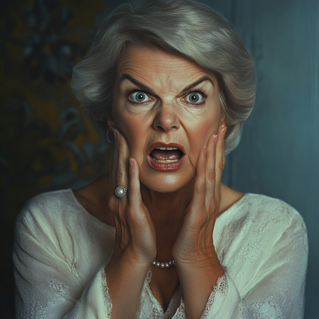 A stunned senior woman holding her face | Source: Midjourney