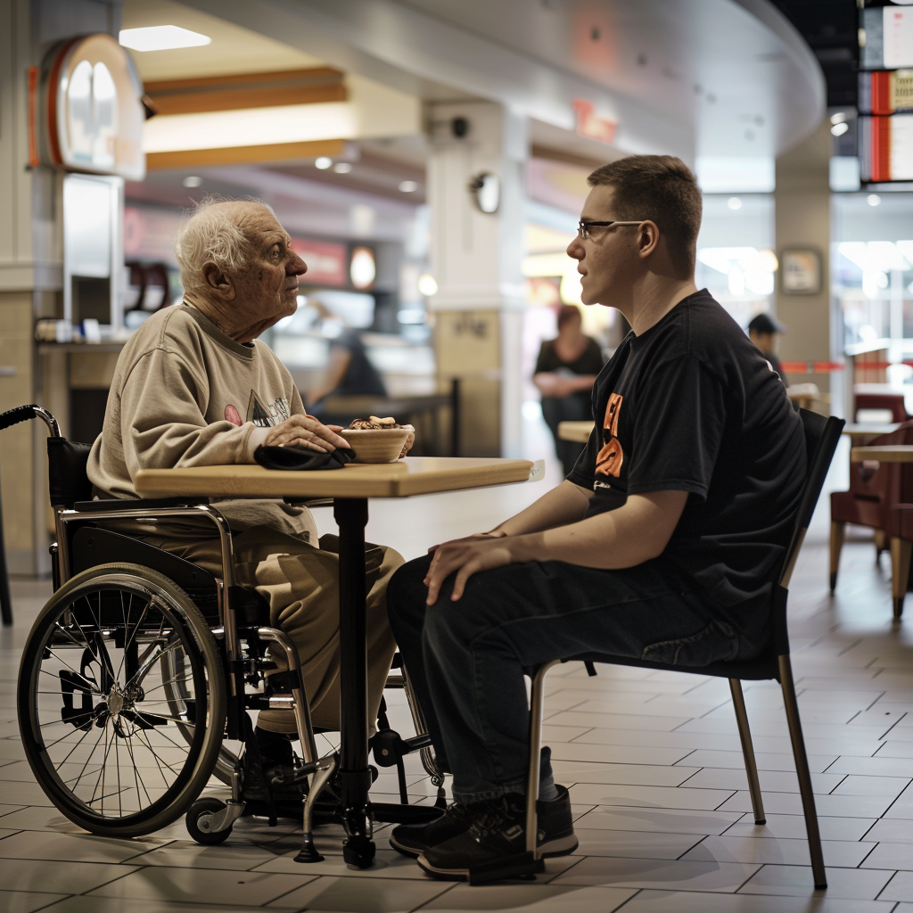 A restaurant server guy talks to an elderly man in a wheelchair | Source: Midjourney